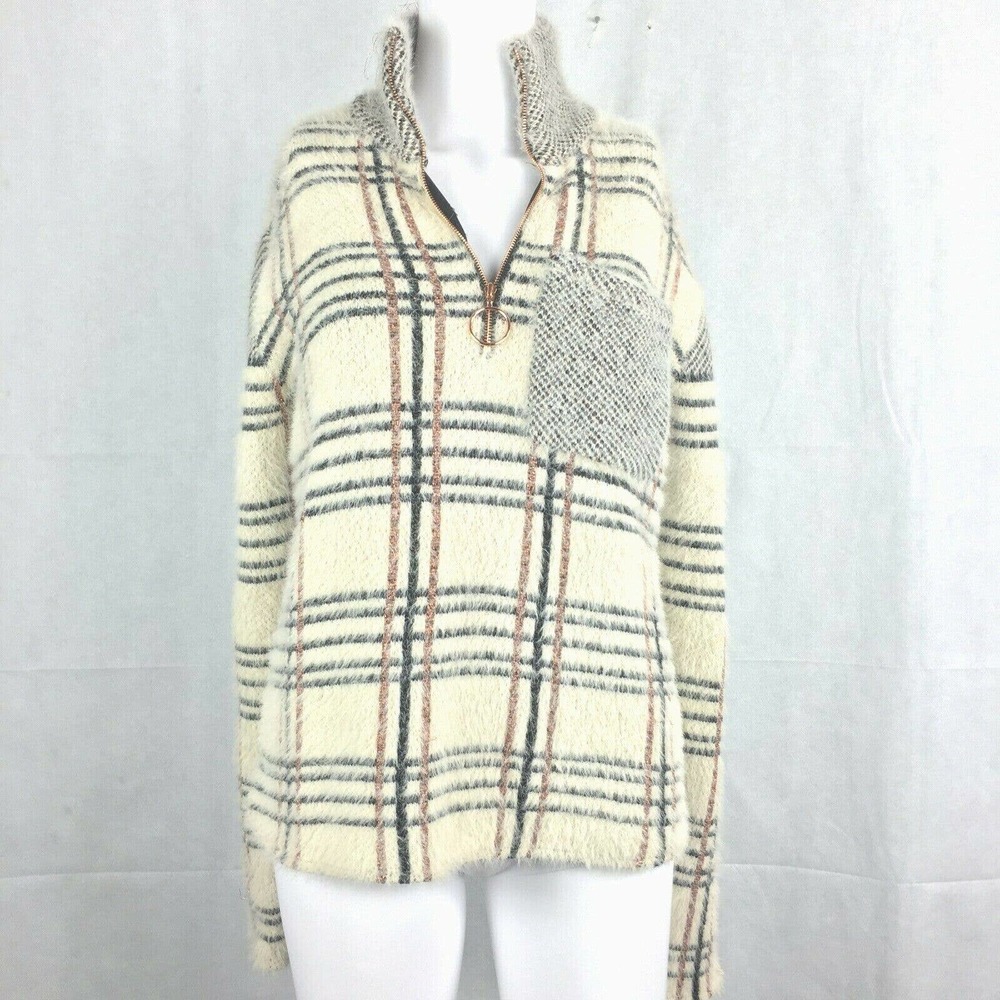 Paper Crane Sweater Womens S Beige Gold Black Plaid Fuzzy Knit 1/4 Zip Pullover